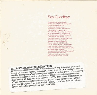 UK 'Say Goodbye' Promo (Slipcase Inside - Back)
